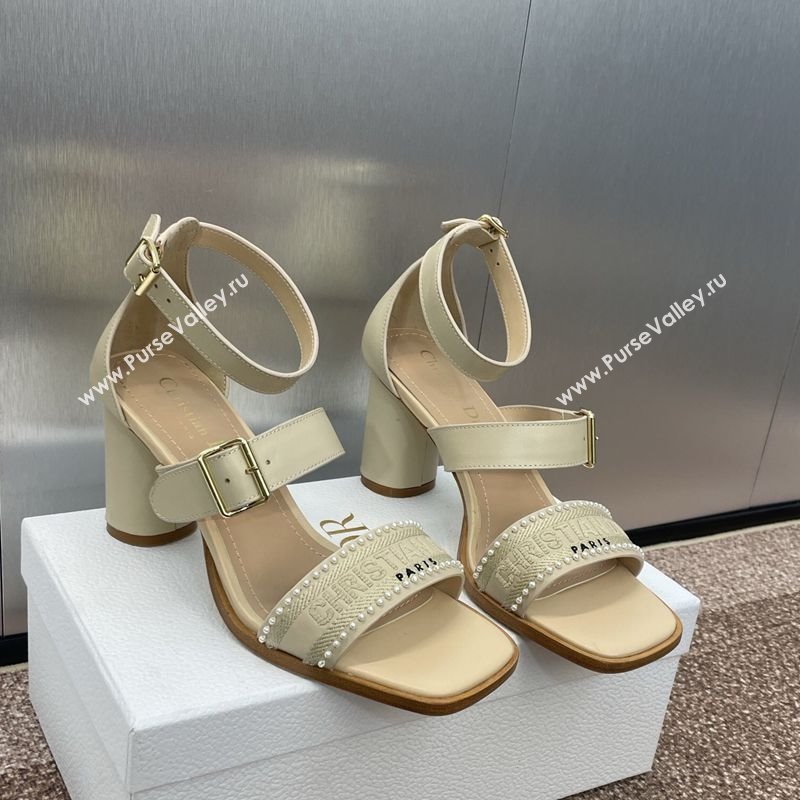 Dior Dway Heeled Sandals 7.5cm in Beige Calfskin and Embroidered Cotton with Pearls 2025 (JC-250220070)