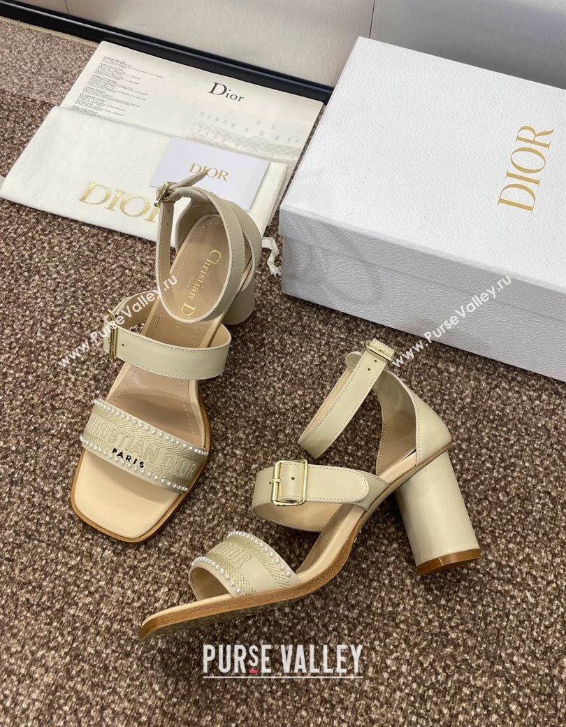 Dior Dway Heeled Sandals 7.5cm in Beige Calfskin and Embroidered Cotton with Pearls 2025 (JC-250220070)