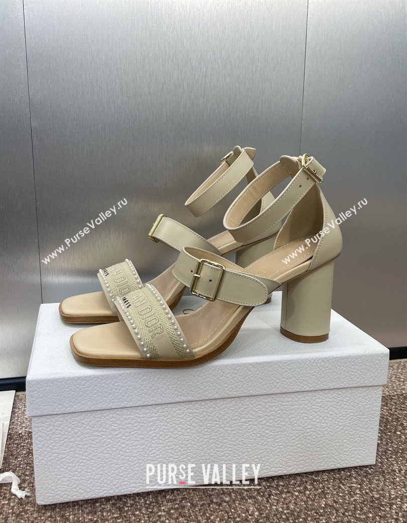 Dior Dway Heeled Sandals 7.5cm in Beige Calfskin and Embroidered Cotton with Pearls 2025 (JC-250220070)