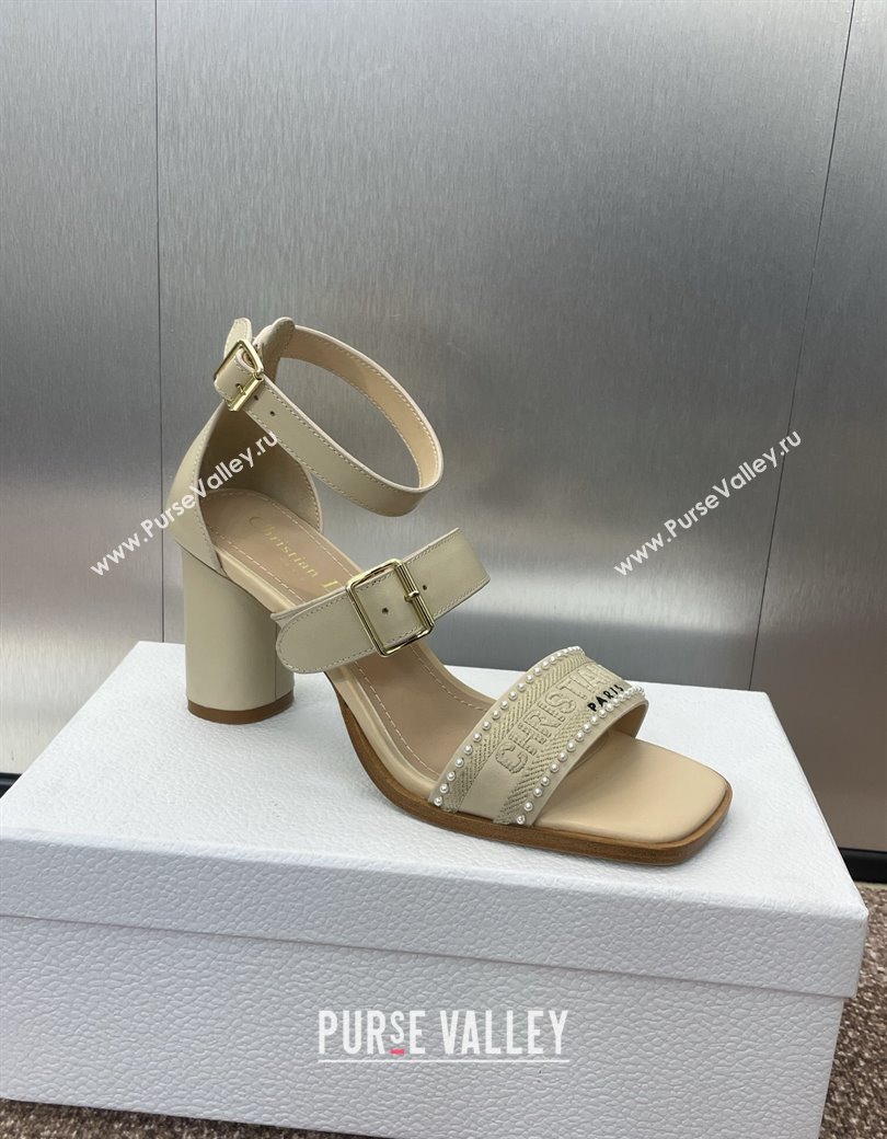 Dior Dway Heeled Sandals 7.5cm in Beige Calfskin and Embroidered Cotton with Pearls 2025 (JC-250220070)