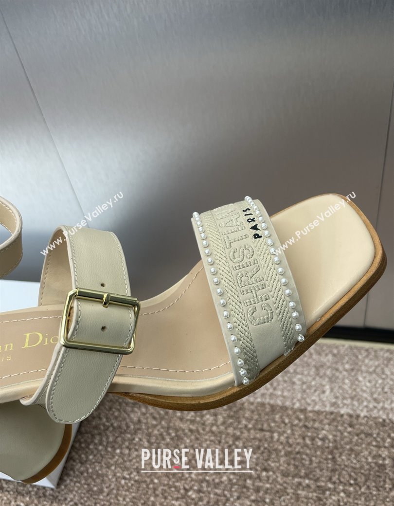 Dior Dway Heeled Sandals 7.5cm in Beige Calfskin and Embroidered Cotton with Pearls 2025 (JC-250220070)