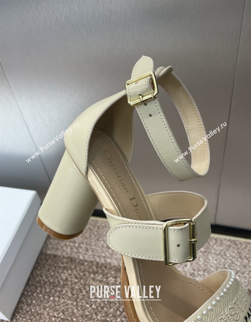 Dior Dway Heeled Sandals 7.5cm in Beige Calfskin and Embroidered Cotton with Pearls 2025 (JC-250220070)