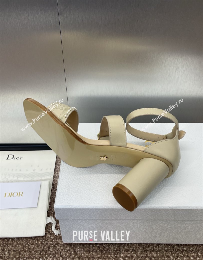 Dior Dway Heeled Sandals 7.5cm in Beige Calfskin and Embroidered Cotton with Pearls 2025 (JC-250220070)