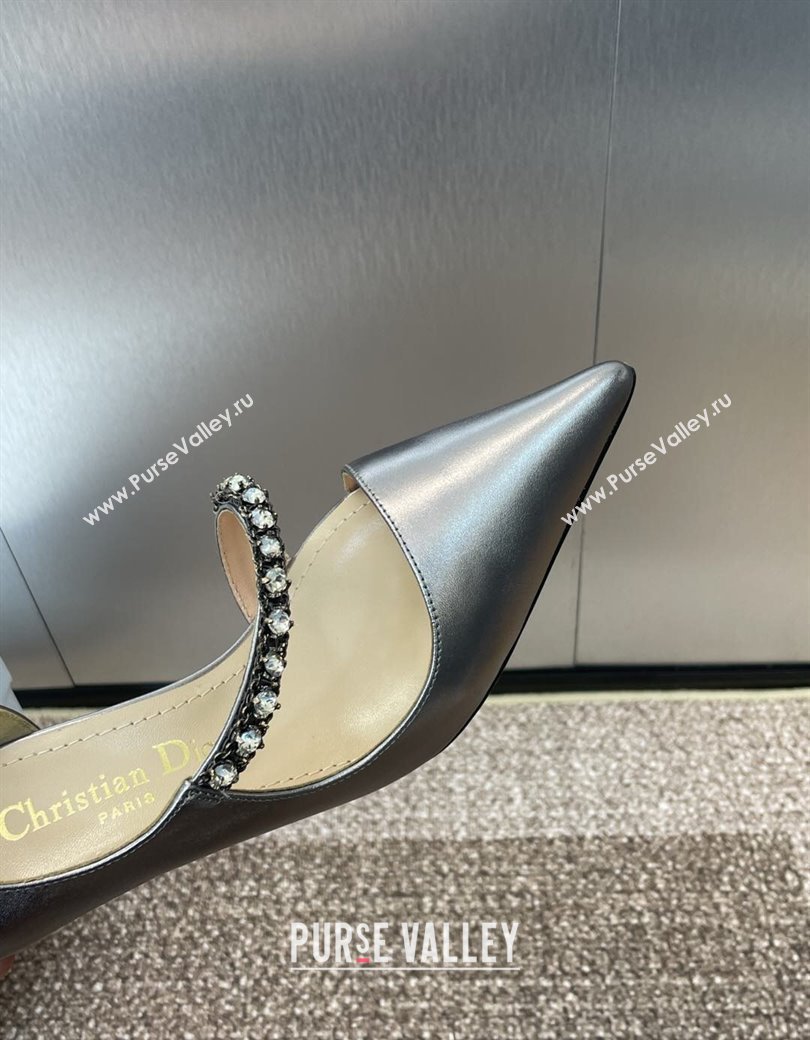 Dior Metallic Leather Pumps 7cm with Strass Strap Grey 2025 0220 (JC-250220050)