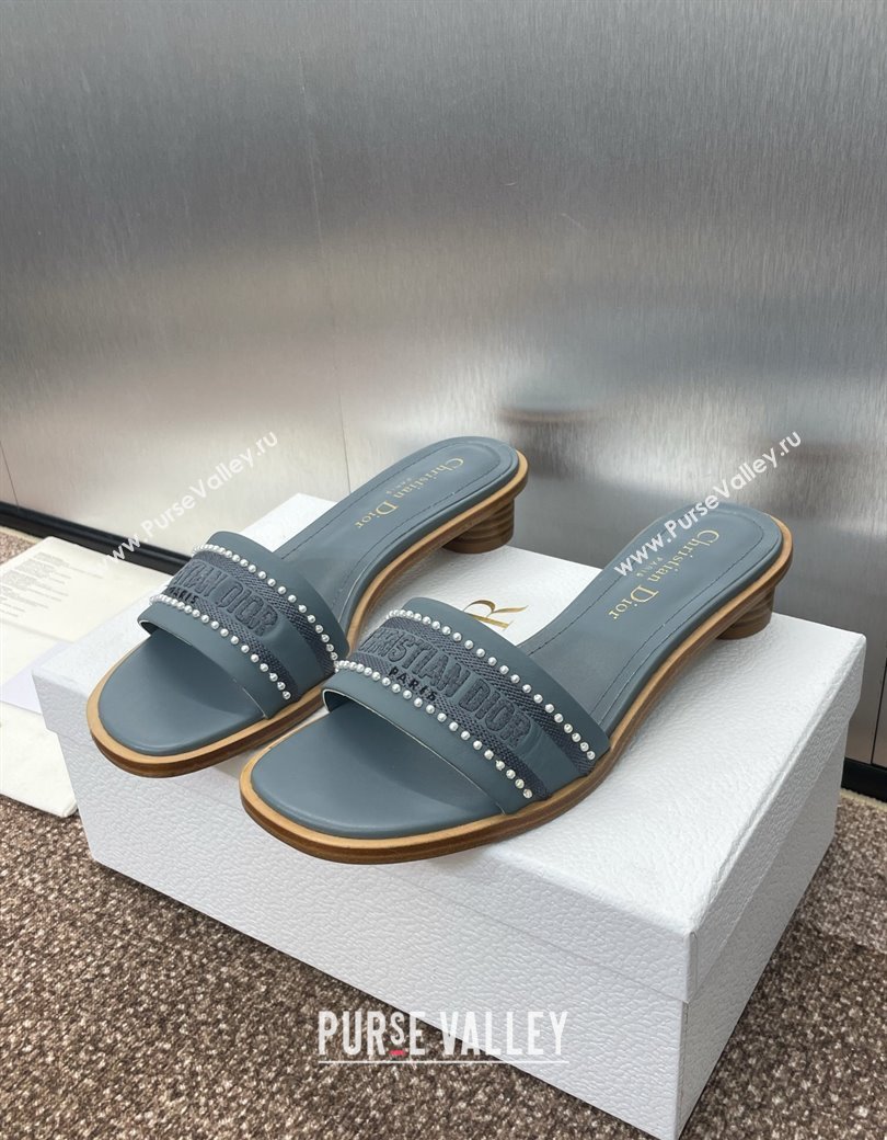 Dior Dway Heeled Slides Sandal 3cm in Calfskin and Embroidered Cotton with Pearls Blue 2025 (JC-250220071)