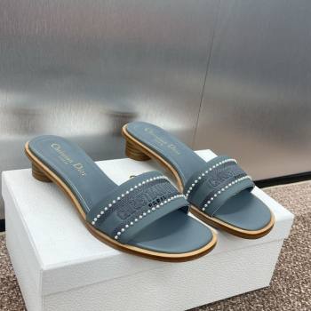 Dior Dway Heeled Slides Sandal 3cm in Calfskin and Embroidered Cotton with Pearls Blue 2025 (JC-250220071)