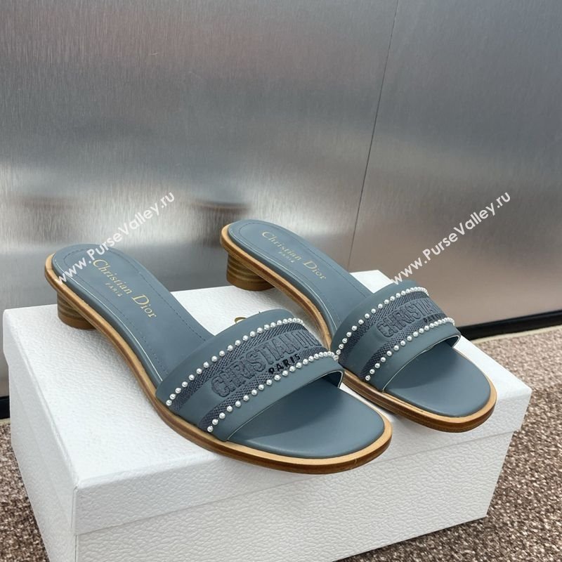 Dior Dway Heeled Slides Sandal 3cm in Calfskin and Embroidered Cotton with Pearls Blue 2025 (JC-250220071)