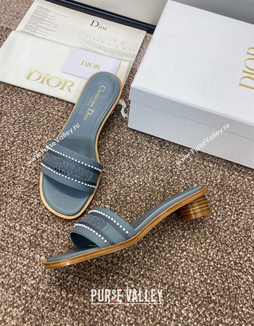 Dior Dway Heeled Slides Sandal 3cm in Calfskin and Embroidered Cotton with Pearls Blue 2025 (JC-250220071)