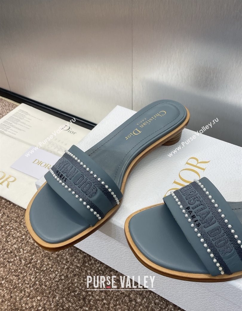 Dior Dway Heeled Slides Sandal 3cm in Calfskin and Embroidered Cotton with Pearls Blue 2025 (JC-250220071)