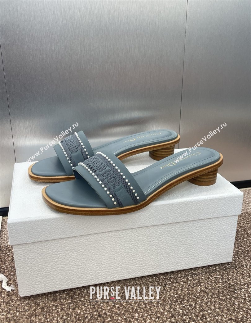 Dior Dway Heeled Slides Sandal 3cm in Calfskin and Embroidered Cotton with Pearls Blue 2025 (JC-250220071)