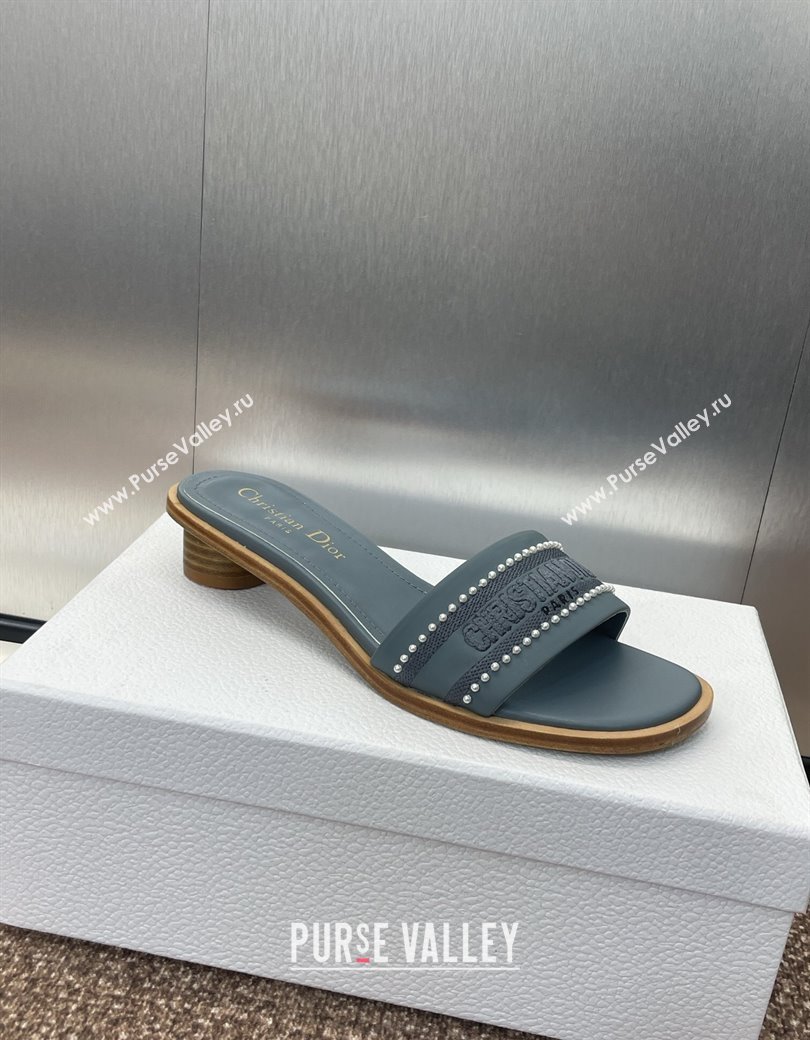 Dior Dway Heeled Slides Sandal 3cm in Calfskin and Embroidered Cotton with Pearls Blue 2025 (JC-250220071)