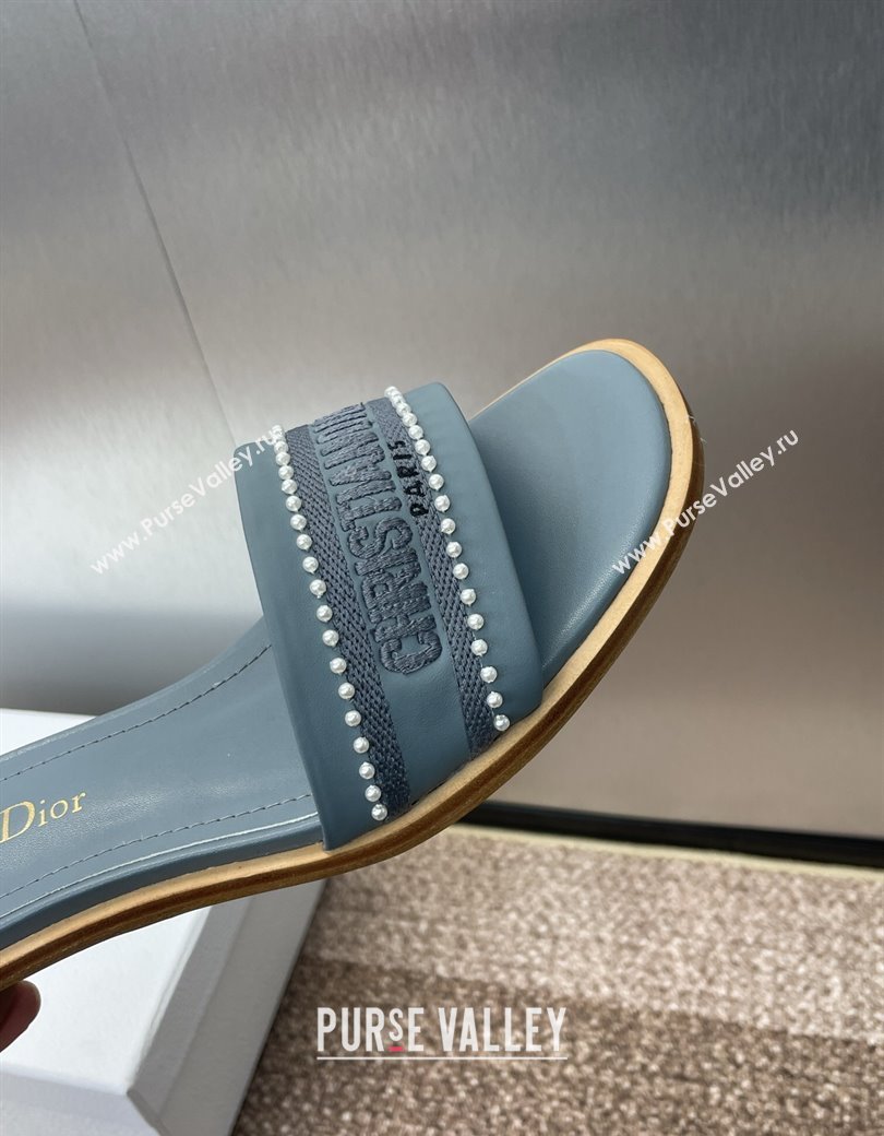 Dior Dway Heeled Slides Sandal 3cm in Calfskin and Embroidered Cotton with Pearls Blue 2025 (JC-250220071)
