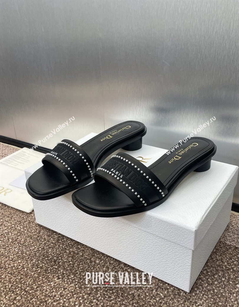 Dior Dway Heeled Slides Sandal 3cm in Calfskin and Embroidered Cotton with Pearls Black 2025 (JC-250220072)