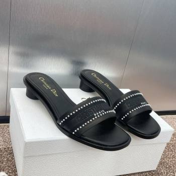 Dior Dway Heeled Slides Sandal 3cm in Calfskin and Embroidered Cotton with Pearls Black 2025 (JC-250220072)