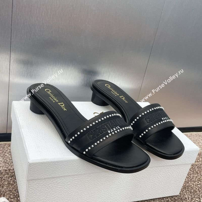 Dior Dway Heeled Slides Sandal 3cm in Calfskin and Embroidered Cotton with Pearls Black 2025 (JC-250220072)