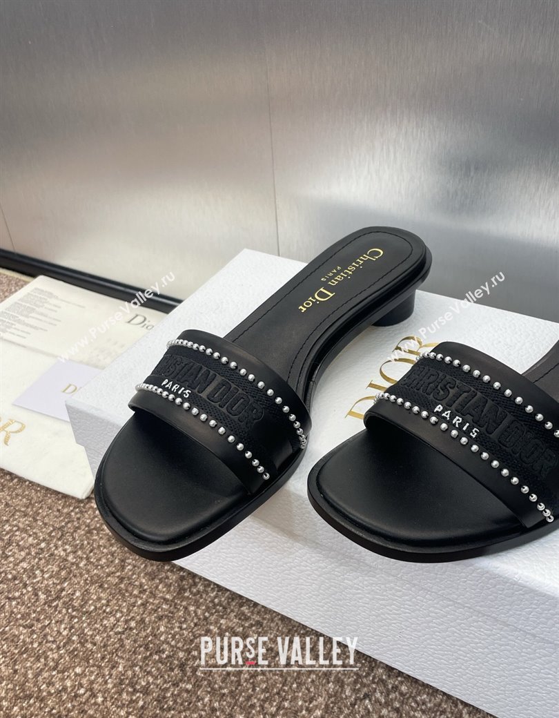 Dior Dway Heeled Slides Sandal 3cm in Calfskin and Embroidered Cotton with Pearls Black 2025 (JC-250220072)