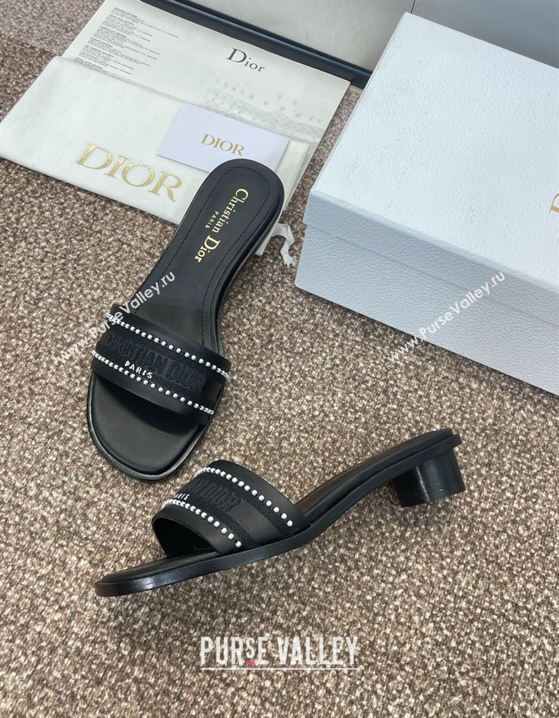 Dior Dway Heeled Slides Sandal 3cm in Calfskin and Embroidered Cotton with Pearls Black 2025 (JC-250220072)