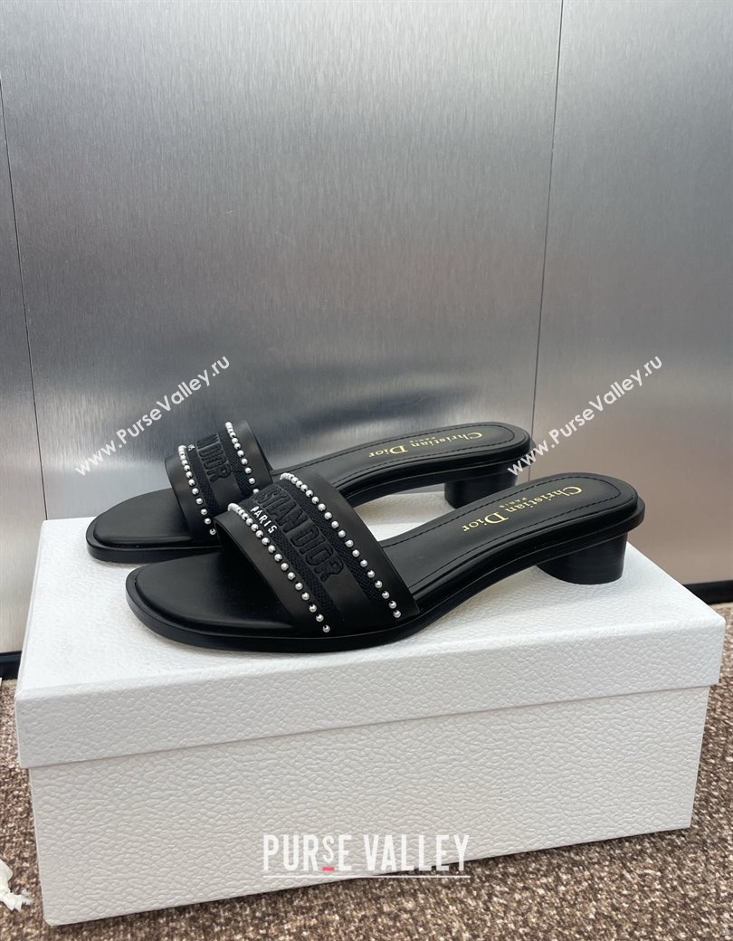Dior Dway Heeled Slides Sandal 3cm in Calfskin and Embroidered Cotton with Pearls Black 2025 (JC-250220072)