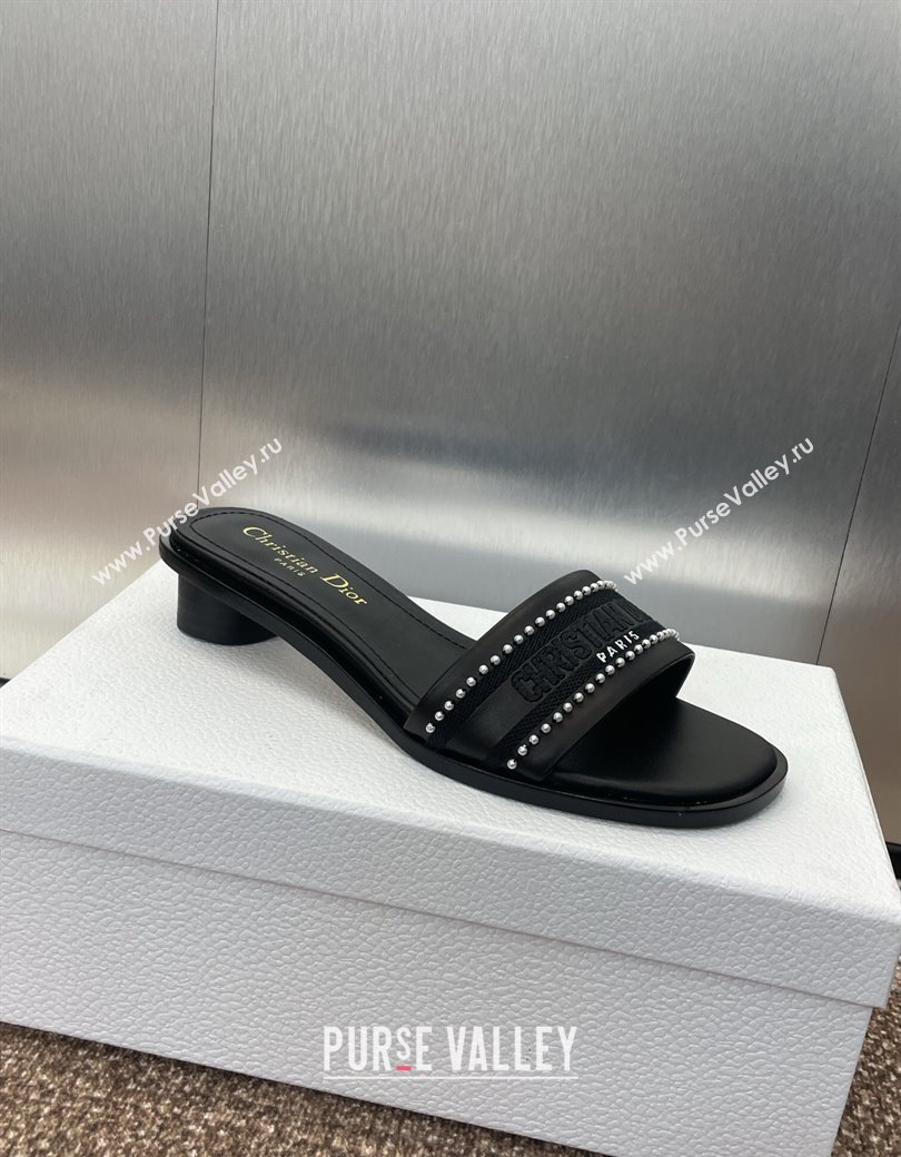 Dior Dway Heeled Slides Sandal 3cm in Calfskin and Embroidered Cotton with Pearls Black 2025 (JC-250220072)