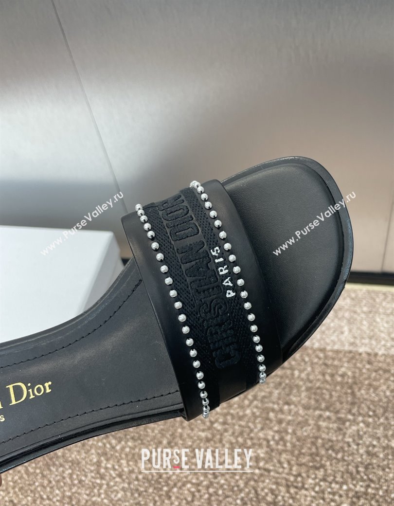 Dior Dway Heeled Slides Sandal 3cm in Calfskin and Embroidered Cotton with Pearls Black 2025 (JC-250220072)