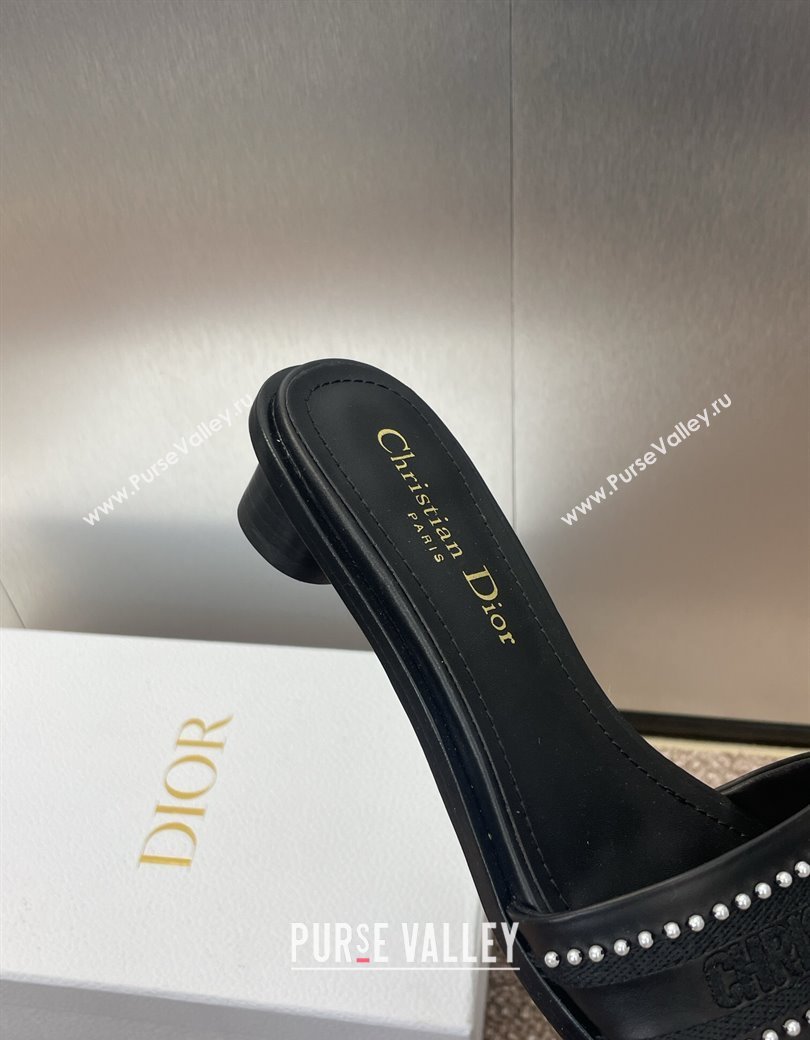 Dior Dway Heeled Slides Sandal 3cm in Calfskin and Embroidered Cotton with Pearls Black 2025 (JC-250220072)