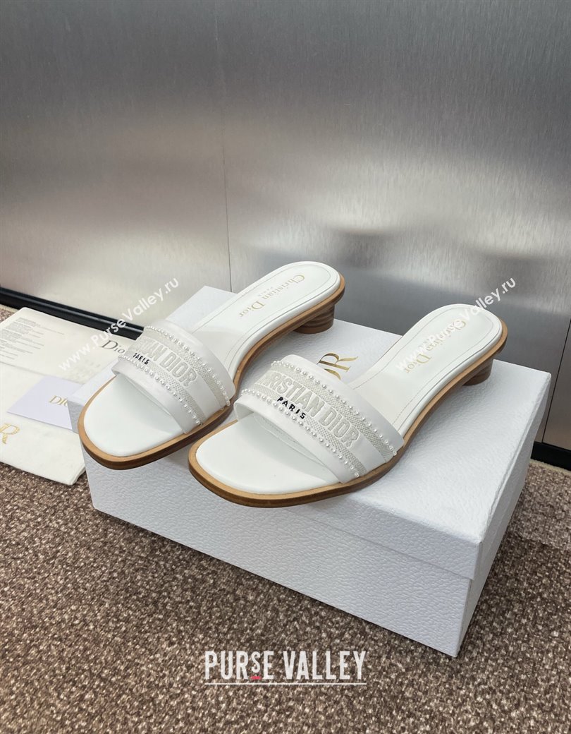 Dior Dway Heeled Slides Sandal 3cm in Calfskin and Embroidered Cotton with Pearls White 2025 (JC-250220073)