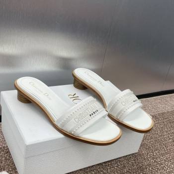Dior Dway Heeled Slides Sandal 3cm in Calfskin and Embroidered Cotton with Pearls White 2025 (JC-250220073)