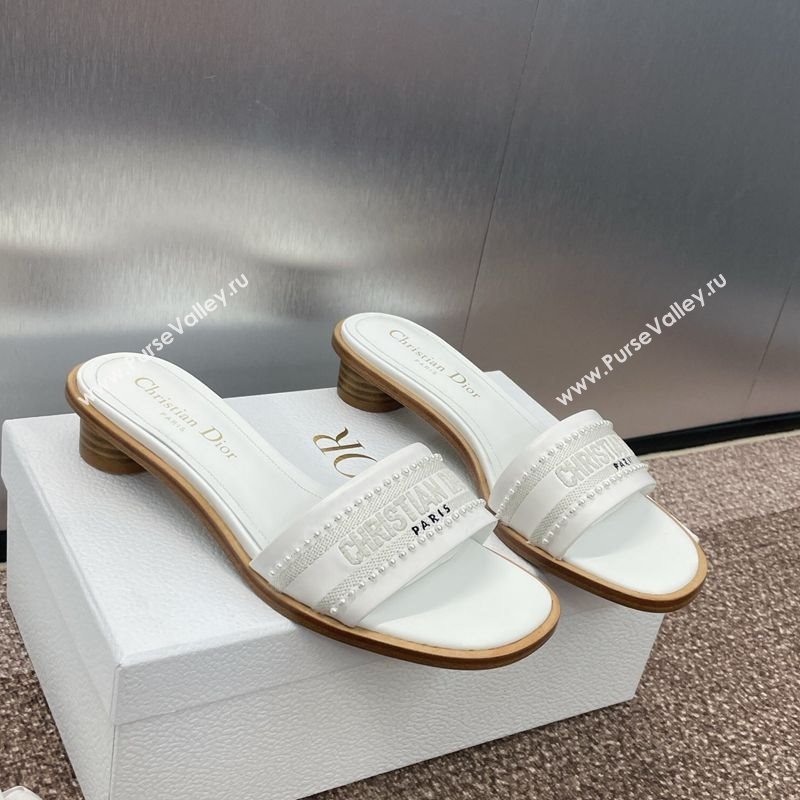 Dior Dway Heeled Slides Sandal 3cm in Calfskin and Embroidered Cotton with Pearls White 2025 (JC-250220073)