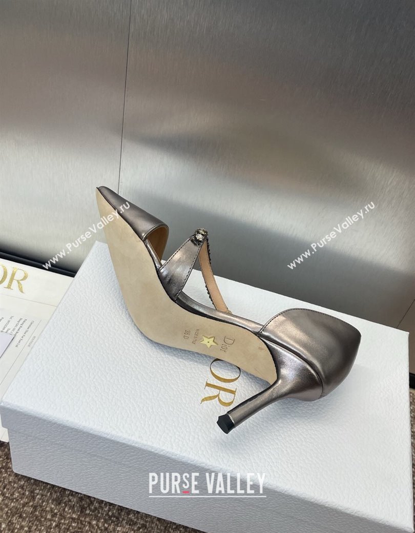 Dior Metallic Leather Pumps 7cm with Strass Strap Grey 2025 0220 (JC-250220050)