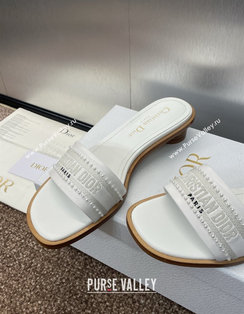 Dior Dway Heeled Slides Sandal 3cm in Calfskin and Embroidered Cotton with Pearls White 2025 (JC-250220073)