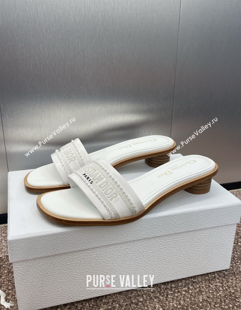 Dior Dway Heeled Slides Sandal 3cm in Calfskin and Embroidered Cotton with Pearls White 2025 (JC-250220073)