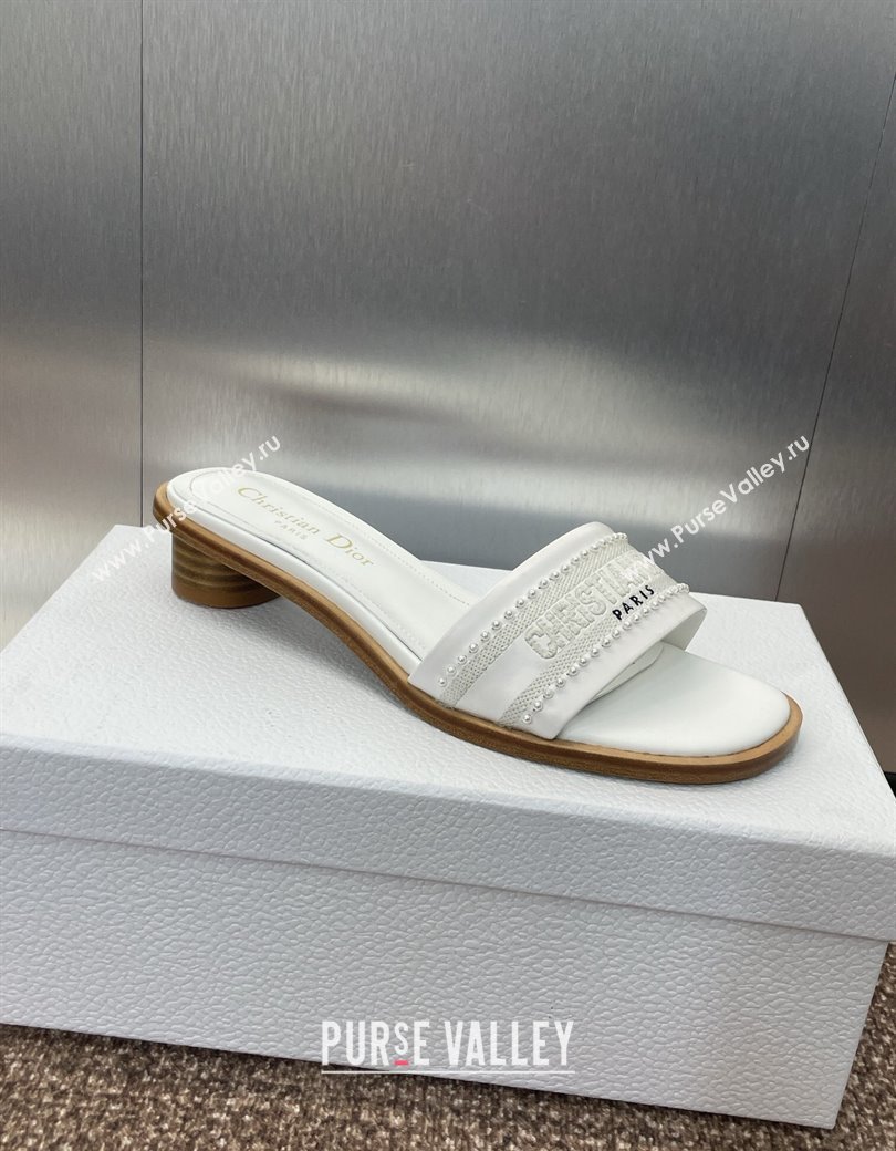 Dior Dway Heeled Slides Sandal 3cm in Calfskin and Embroidered Cotton with Pearls White 2025 (JC-250220073)