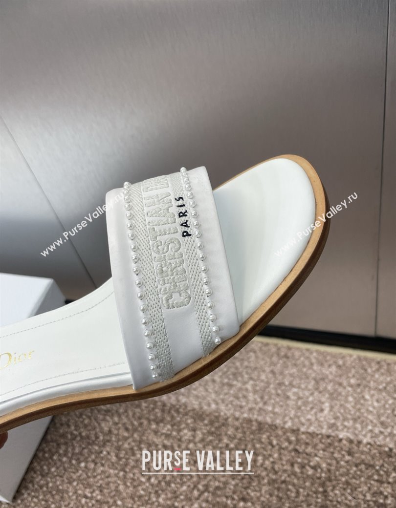 Dior Dway Heeled Slides Sandal 3cm in Calfskin and Embroidered Cotton with Pearls White 2025 (JC-250220073)