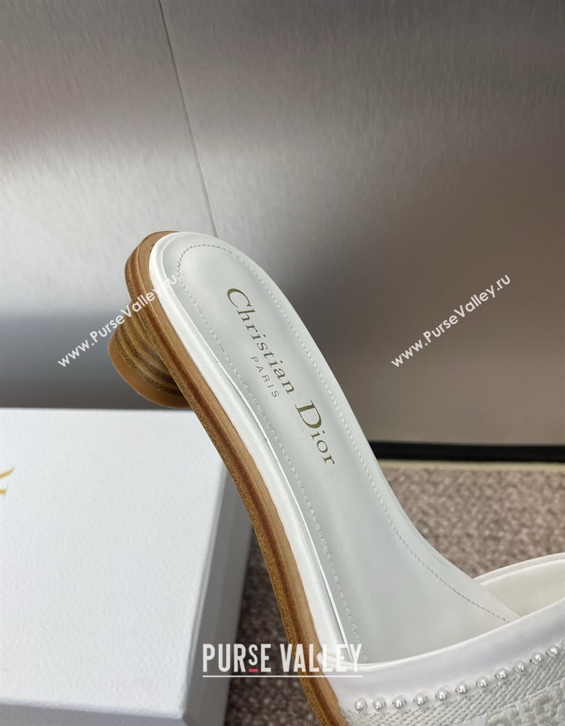 Dior Dway Heeled Slides Sandal 3cm in Calfskin and Embroidered Cotton with Pearls White 2025 (JC-250220073)