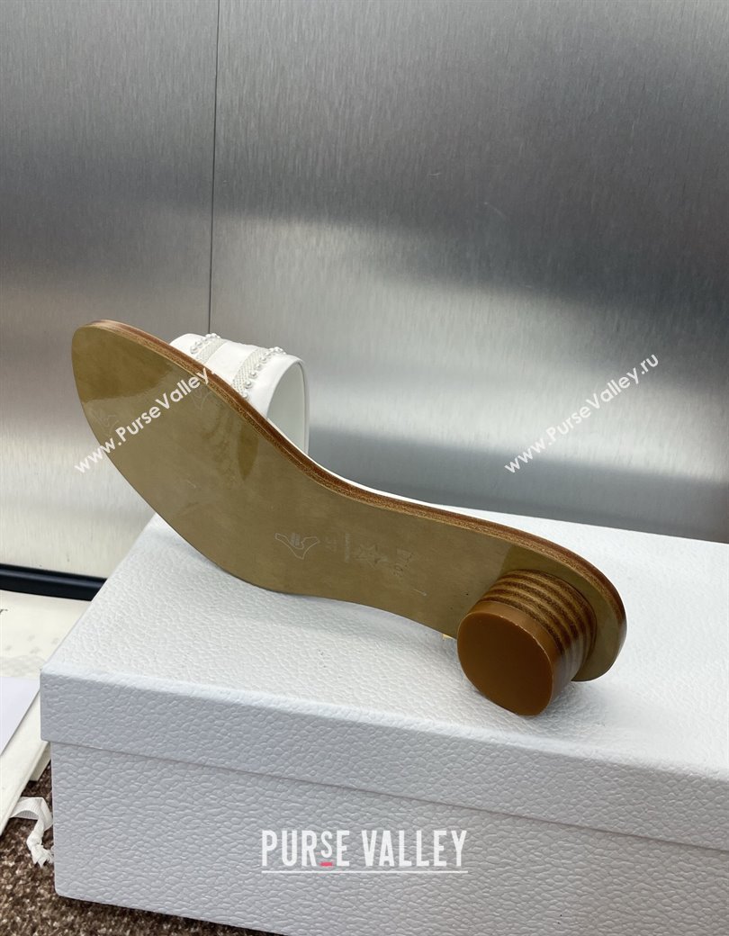 Dior Dway Heeled Slides Sandal 3cm in Calfskin and Embroidered Cotton with Pearls White 2025 (JC-250220073)