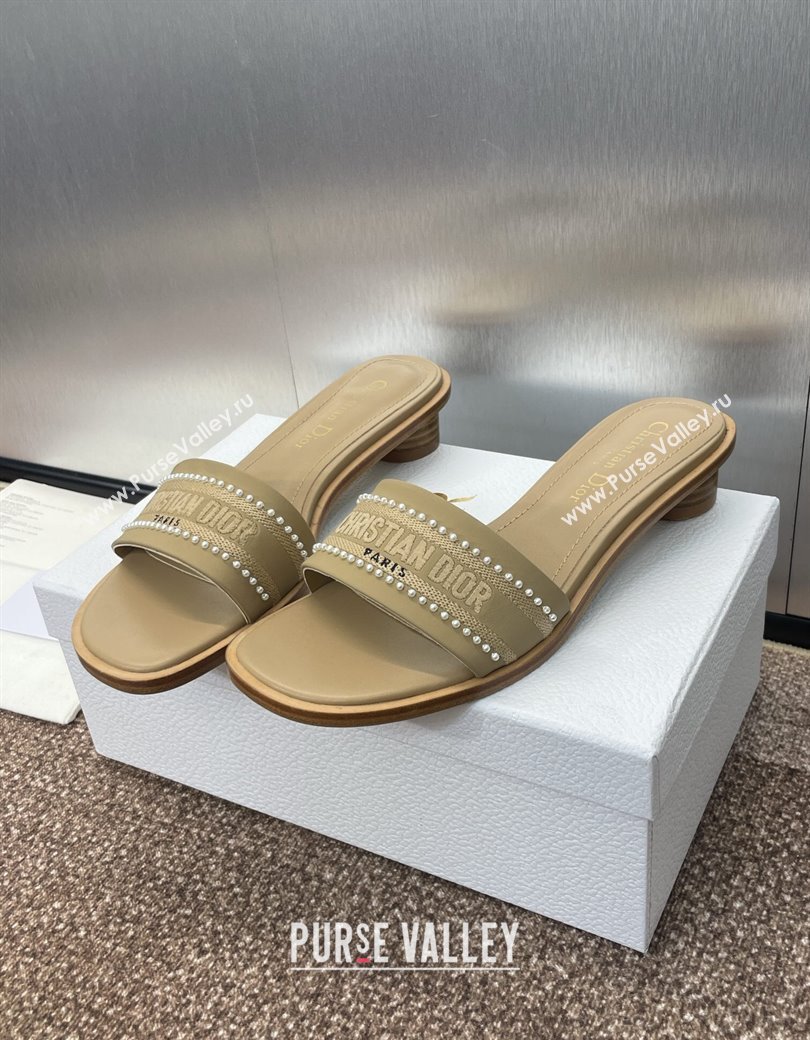 Dior Dway Heeled Slides Sandal 3cm in Calfskin and Embroidered Cotton with Pearls Beige 2025 (JC-250220074)