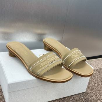 Dior Dway Heeled Slides Sandal 3cm in Calfskin and Embroidered Cotton with Pearls Beige 2025 (JC-250220074)