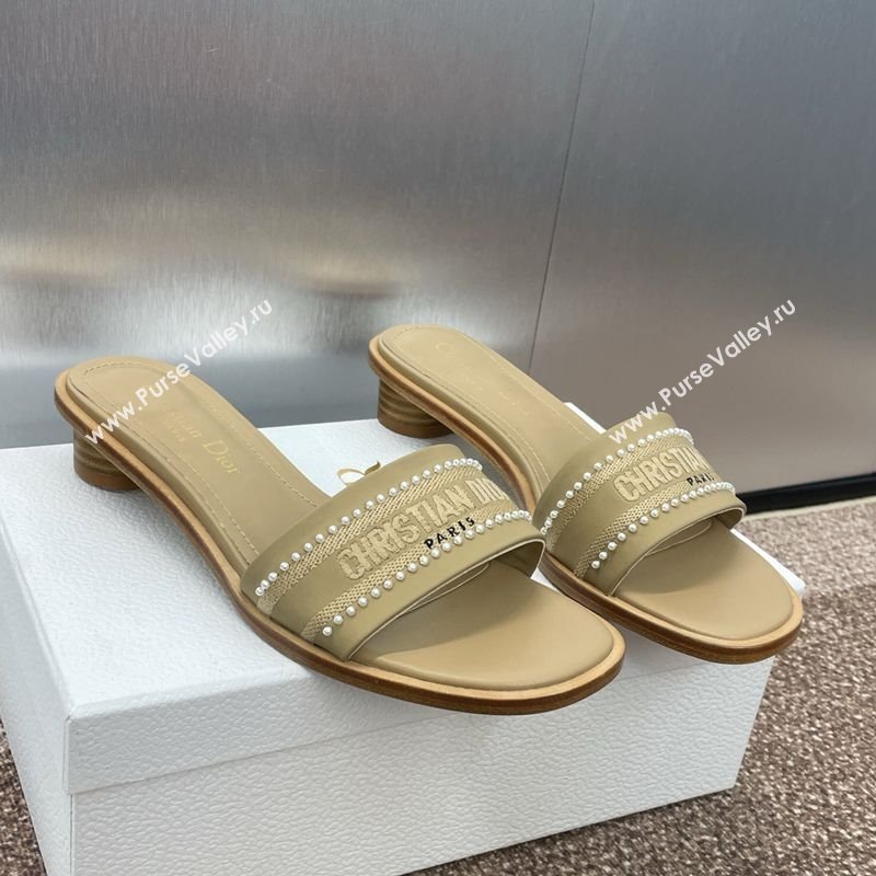 Dior Dway Heeled Slides Sandal 3cm in Calfskin and Embroidered Cotton with Pearls Beige 2025 (JC-250220074)