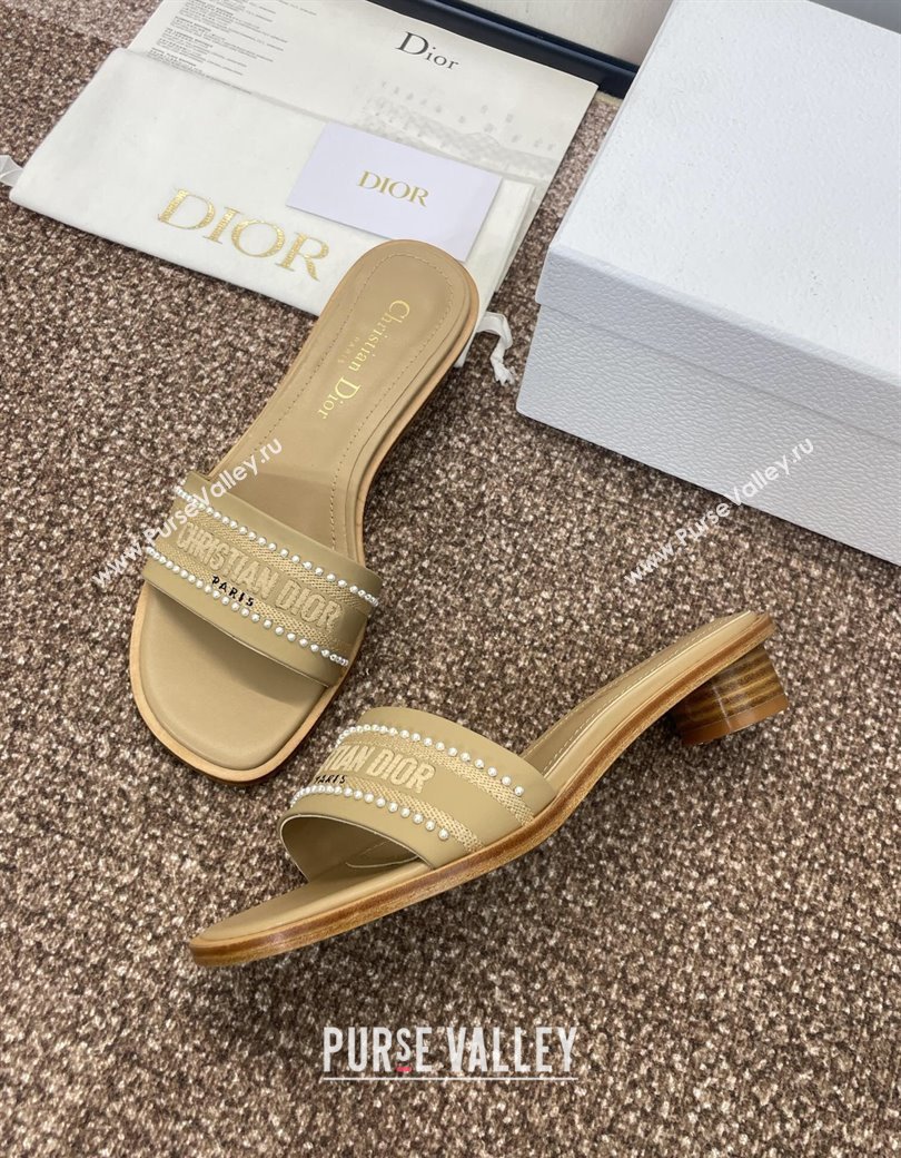 Dior Dway Heeled Slides Sandal 3cm in Calfskin and Embroidered Cotton with Pearls Beige 2025 (JC-250220074)
