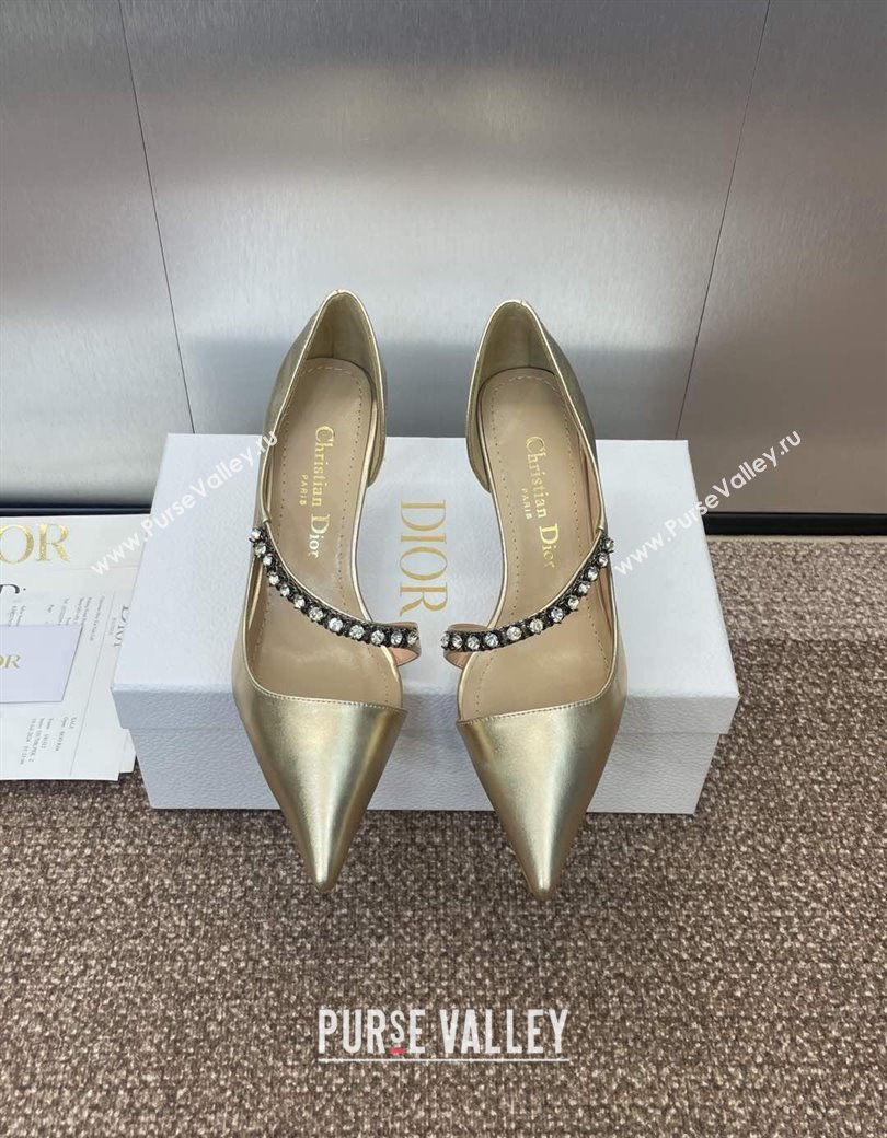 Dior Metallic Leather Pumps 7cm with Strass Strap Gold 2025 0220 (JC-250220051)