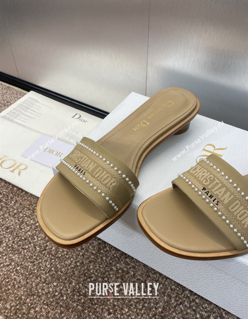 Dior Dway Heeled Slides Sandal 3cm in Calfskin and Embroidered Cotton with Pearls Beige 2025 (JC-250220074)