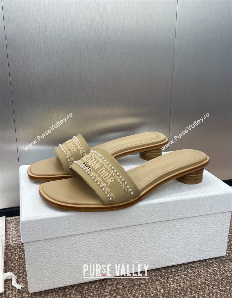 Dior Dway Heeled Slides Sandal 3cm in Calfskin and Embroidered Cotton with Pearls Beige 2025 (JC-250220074)
