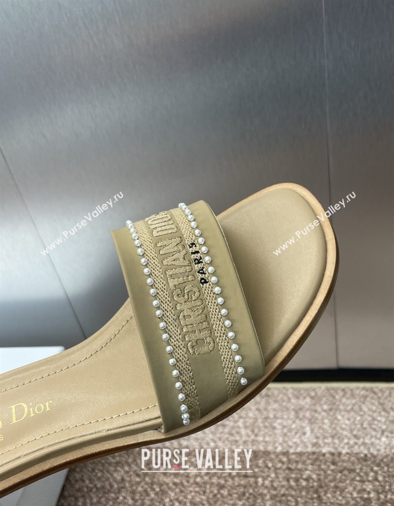 Dior Dway Heeled Slides Sandal 3cm in Calfskin and Embroidered Cotton with Pearls Beige 2025 (JC-250220074)