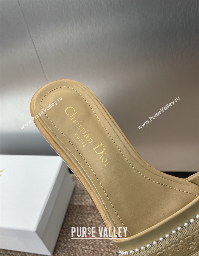 Dior Dway Heeled Slides Sandal 3cm in Calfskin and Embroidered Cotton with Pearls Beige 2025 (JC-250220074)