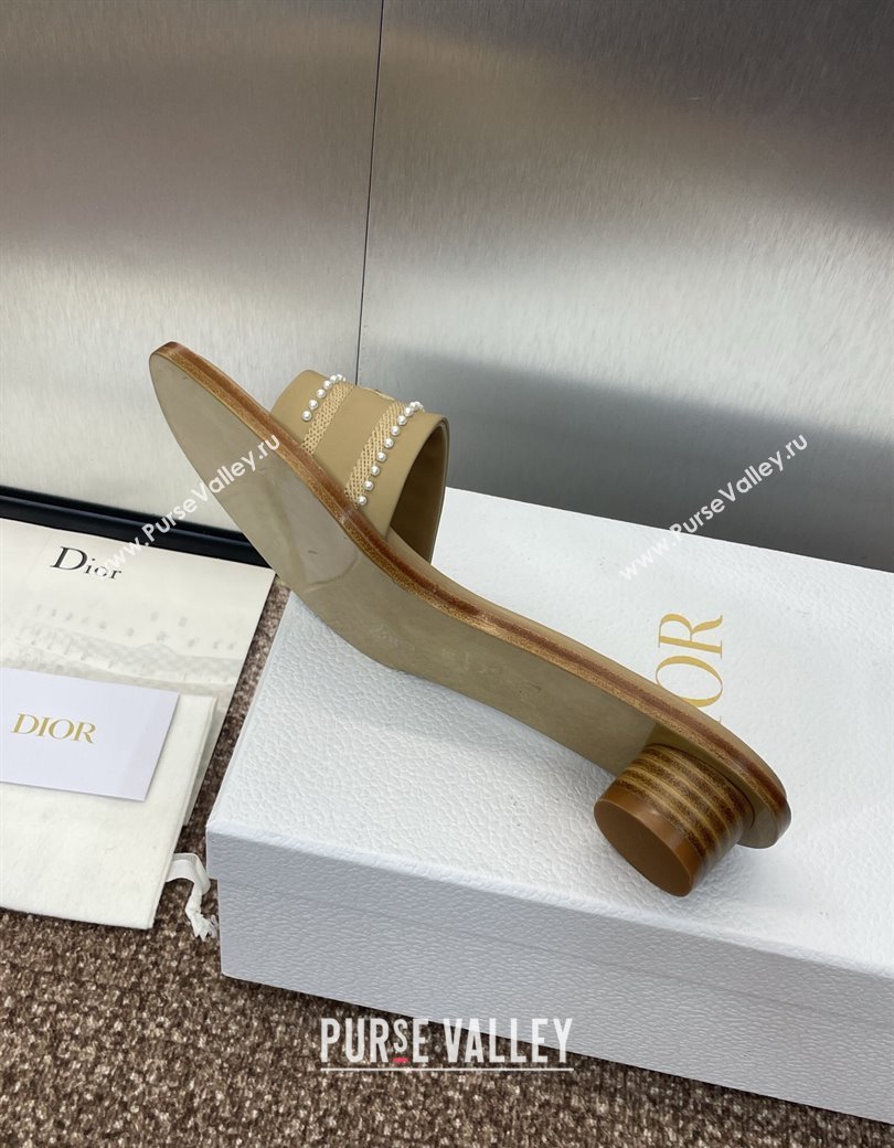 Dior Dway Heeled Slides Sandal 3cm in Calfskin and Embroidered Cotton with Pearls Beige 2025 (JC-250220074)