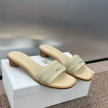Dior Dway Heeled Slides Sandal 3cm in Calfskin and Embroidered Cotton with Pearls Grey 2025 (JC-250220075)