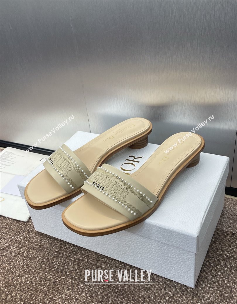Dior Dway Heeled Slides Sandal 3cm in Calfskin and Embroidered Cotton with Pearls Grey 2025 (JC-250220075)