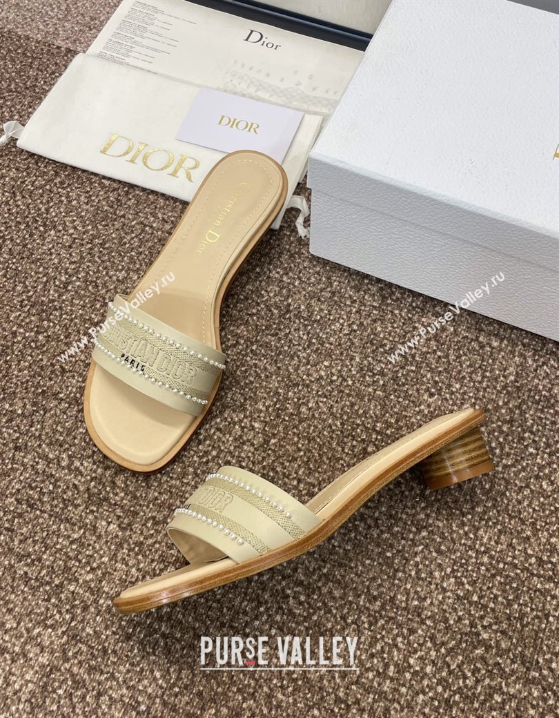 Dior Dway Heeled Slides Sandal 3cm in Calfskin and Embroidered Cotton with Pearls Grey 2025 (JC-250220075)