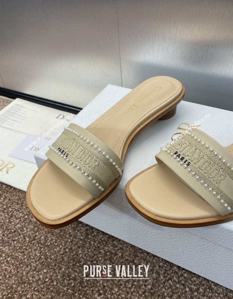 Dior Dway Heeled Slides Sandal 3cm in Calfskin and Embroidered Cotton with Pearls Grey 2025 (JC-250220075)