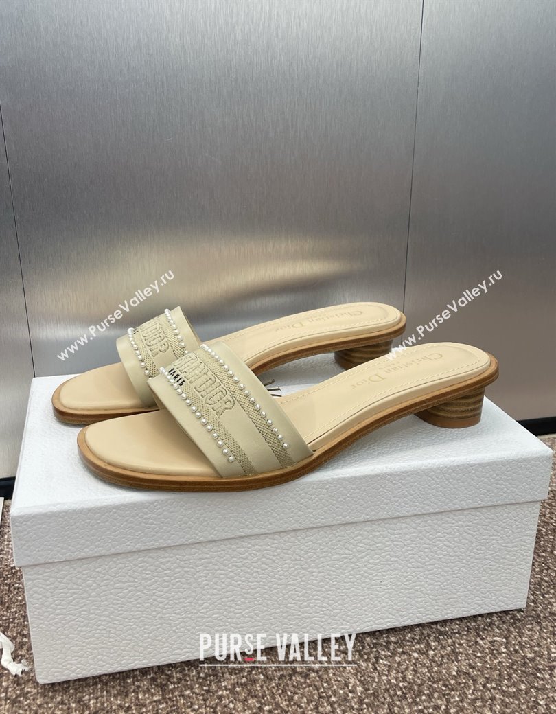Dior Dway Heeled Slides Sandal 3cm in Calfskin and Embroidered Cotton with Pearls Grey 2025 (JC-250220075)
